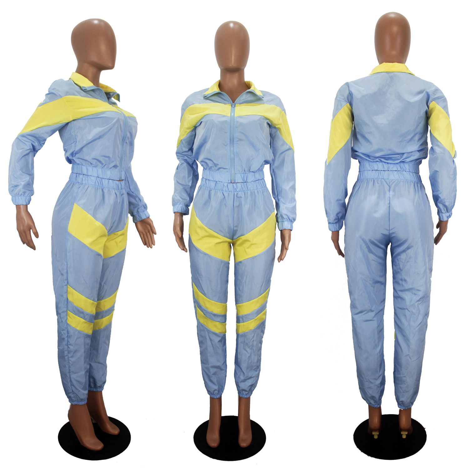 Women's Color Block Long Sleeve Trench Coat Pants without Pocket Set