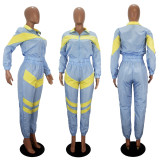 Women's Color Block Long Sleeve Trench Coat Pants without Pocket Set