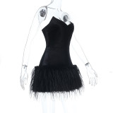 Women Strapless Sexy Furry Hem Short Evening Dress