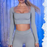 Ribbed Seamless Yoga Wear Long Sleeve Set Sports Bra Women Fitness Long Yoga Pants Set