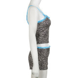 Women Leopard Print Lace Tank Top and Shorts Two-Piece Set
