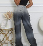 Fashionable Women's Multi-pocket Button Gradient Cargo Straight Trend Denim Trousers