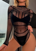 Long Sleeve Low Back Sexy See-Through Sexy Mesh Bodysuit