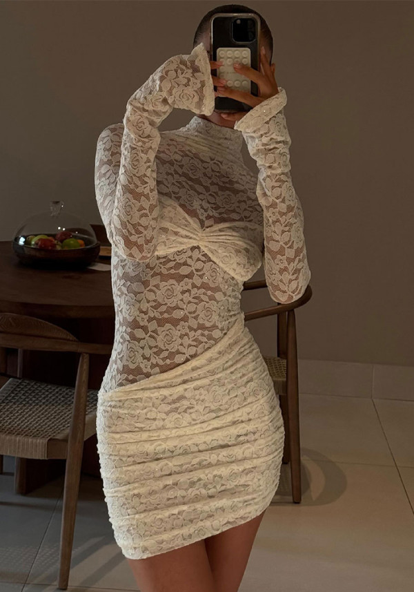 Women Solid Color Cut-Out Long Sleeve Lace sexy Swimsuit