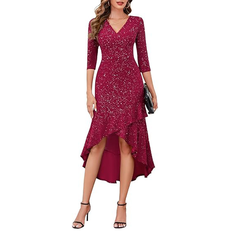 Women's Sequin Cocktail Party Dress Sparkly 3/4 Sleeve uffle High-Low Evening Gown