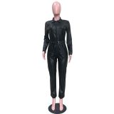 Women's PU Leather Pocket Turn-Down Collar Jumpsuit