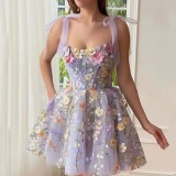 Embroidered Flower Decoration Purple Mesh Slim Waist Strap Short Women Dress