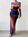 Fashion Mesh Print Ruching Sexy Tight Fitting Round Neck Dress