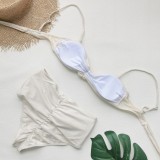 Strapless Lace-Up Solid Color Two-Piece Swimsuit Women Sexy Low Back High Waist Bikini