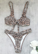 Sexy Leopard Print Two-Piece Swimsuit Low Back Pleated Low Rise Women Bikini