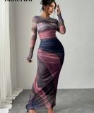 Fashion Mesh Print Ruching Sexy Tight Fitting Round Neck Dress