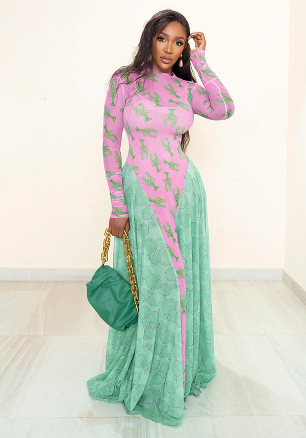 Women Autumn Print Mesh Color Block Patchwork Long Sleeve Dress