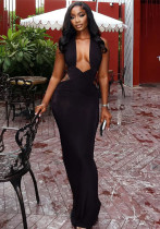 Solid Color Women's Low-Cut Halter Neck Slim Fit Long Dress