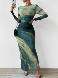 Fashion Mesh Print Ruching Sexy Tight Fitting Round Neck Dress