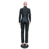 Women's PU Leather Pocket Turn-Down Collar Jumpsuit