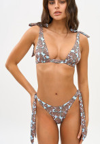 Multi-String Lace-Up Sexy Low Back Low Rise Triangle Bikini Women's Print Two-Piece Swimsuit