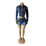 Color Block Patchwork Long Sleeve Stretch Denim Shorts Set