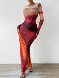 Fashion Mesh Print Ruching Sexy Tight Fitting Round Neck Dress