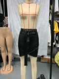 Women's  Fashion Casual Sexy Leather Beaded Slit Bodycon Mini Skirt