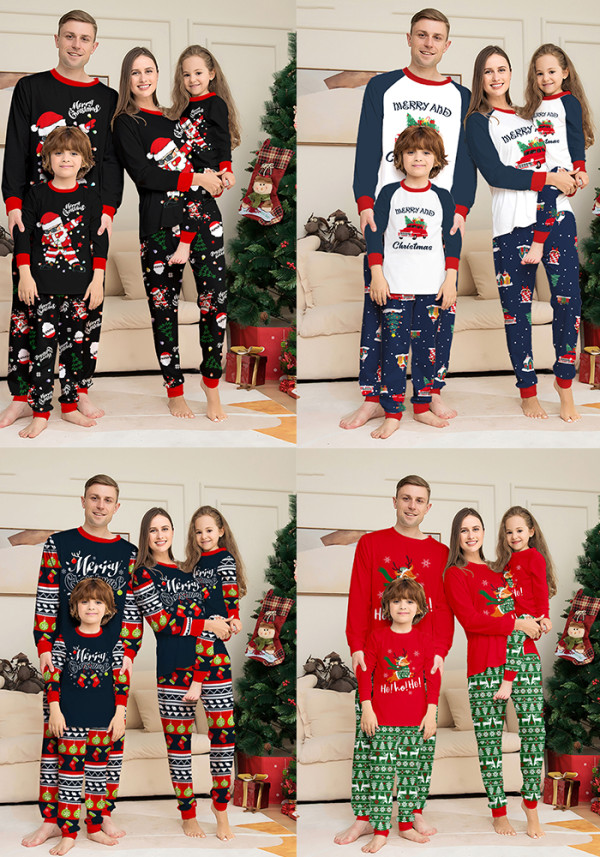 Christmas Family Set Round Neck Raglan Sleeve Cuff Car Letter Print Men Women Homewear Pajamas