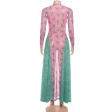 Women Autumn Print Mesh Color Block Patchwork Long Sleeve Dress