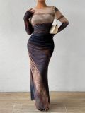 Fashion Mesh Print Ruching Sexy Tight Fitting Round Neck Dress