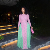 Women Autumn Print Mesh Color Block Patchwork Long Sleeve Dress