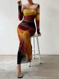 Fashion Mesh Print Ruching Sexy Tight Fitting Round Neck Dress