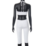 Women's Sexy Solid Color StraplessTop  Halter Low Back Tight Fitting Jumpsuit Two-Piece Set