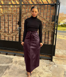 Autumn And Winter Mid-Length Black Pu Buckle Slit  Casual Leather Skirt With Belt