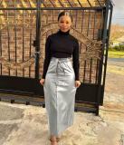 Autumn And Winter Mid-Length Black Pu Buckle Slit  Casual Leather Skirt With Belt