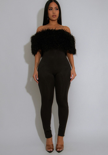 Off Shoulder Furry Patchwork Slim-Fit Jumpsuit