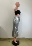 Autumn And Winter Mid-Length Black Pu Buckle Slit  Casual Leather Skirt With Belt