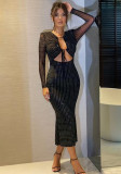 Women Sequin Tight Fitting Dress Summer Autumn Sexy Cut-Out Lace-Up Open Waist Evening Dress