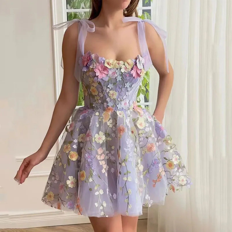 Embroidered Flower Decoration Purple Mesh Slim Waist Strap Short Women Dress