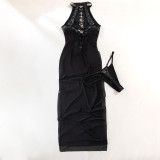 Women Lace-Up Cutout Patchwork See-Through Mesh Slit Dress