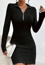 Autumn Winter Women's Turn-Down Collar Zipper Slim Waist Long Sleeve Knit Bodycon Dress