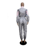 Women's Color Block Long Sleeve Trench Coat Pants without Pocket Set