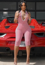 Women Striped V-neck Low Back Lace-Up Short Jumpsuit