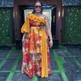 Plus-size African print off-shoulder spring/summer chiffon dress