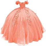 Women colorful off-the-shoulder appliqué formal party dress with tulle appliqués（Processing time need 3-6 days）