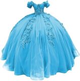 Women colorful off-the-shoulder appliqué formal party dress with tulle appliqués（Processing time need 3-6 days）