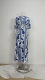 Women Spring Printed Sexy V-Neck Lace-Up Dress