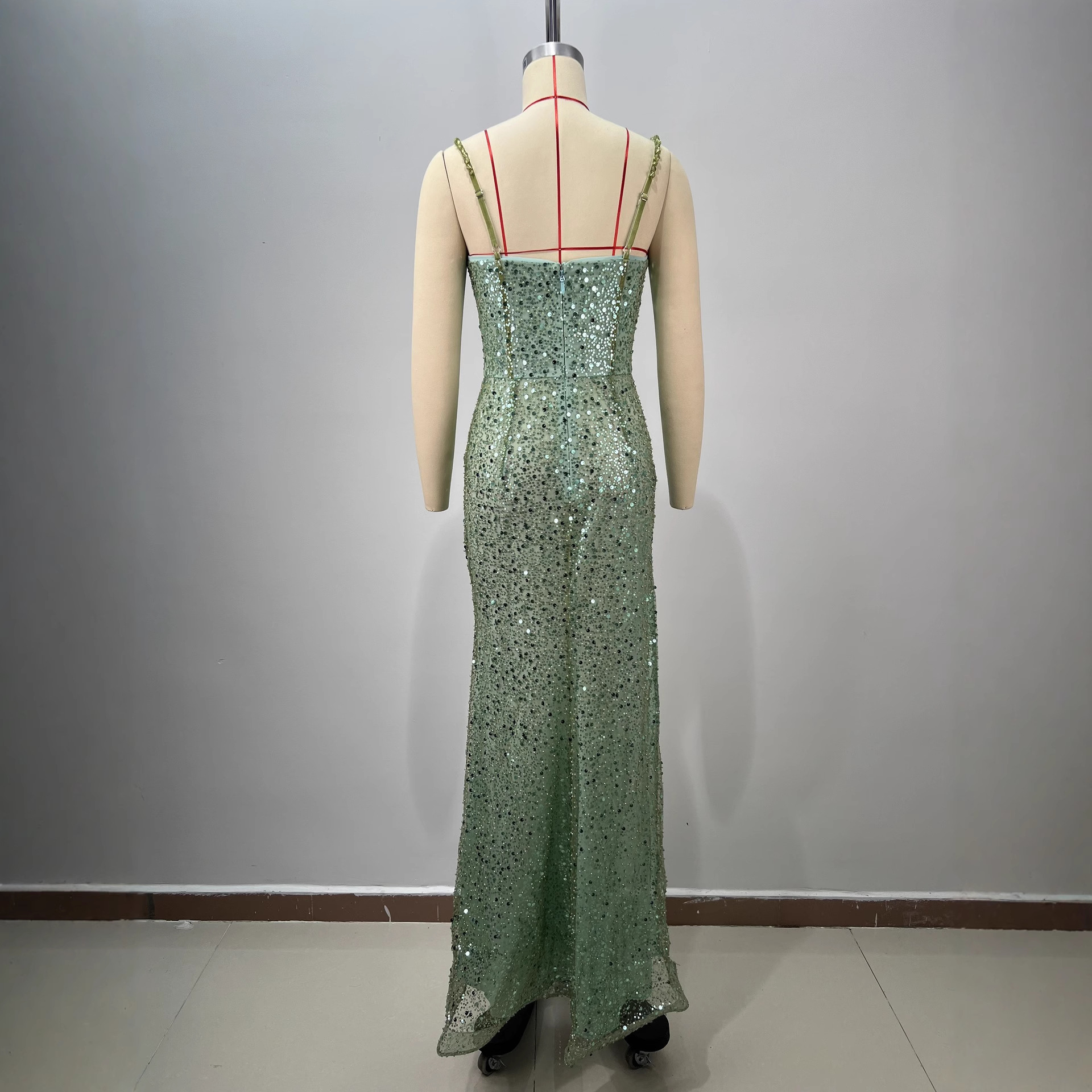 Women Sequined Sexy V-Neck Slit Ruffle Strappy Fishtail Evening Dress