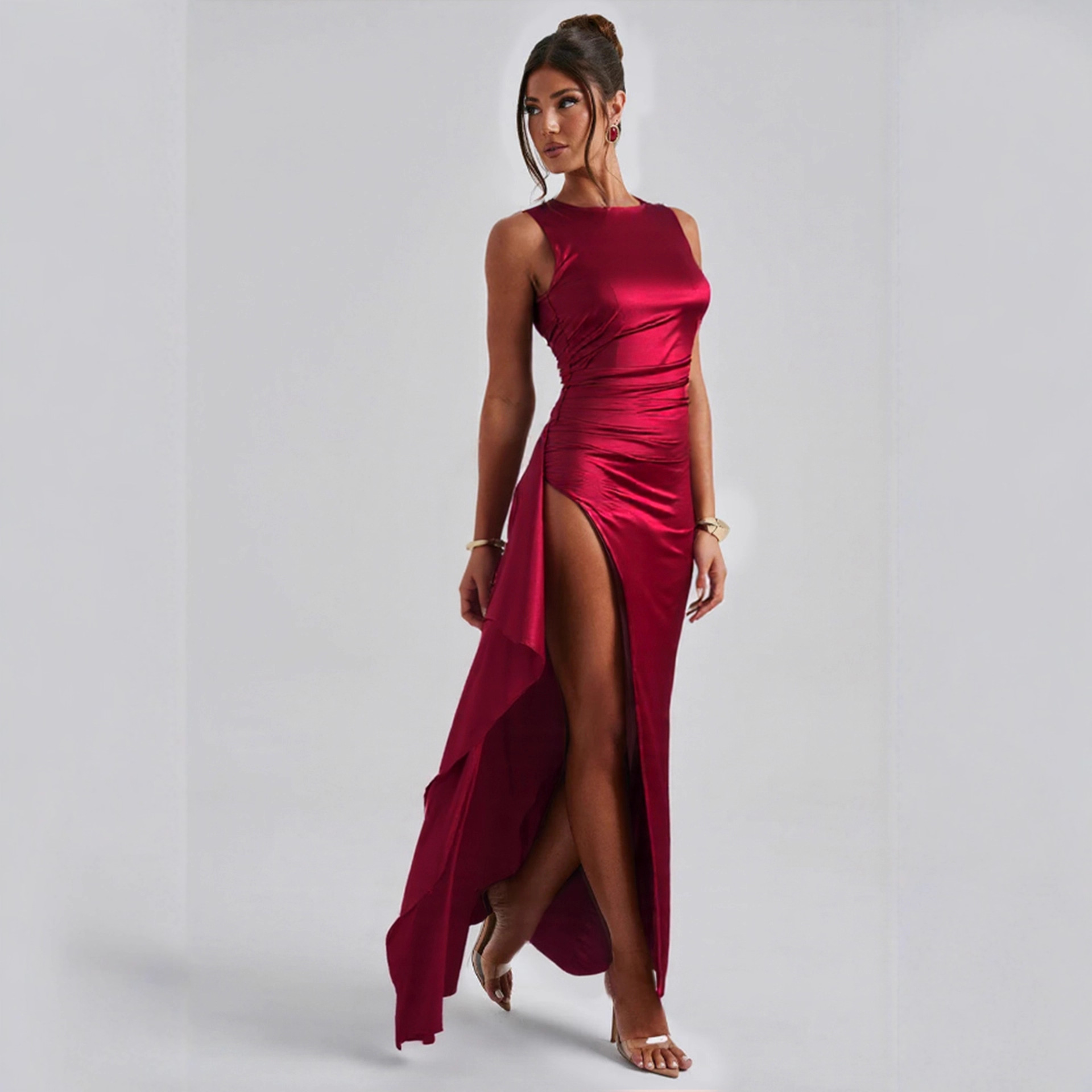 Women backless round-neck sleeveless slit dress