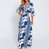 Women Spring Printed Sexy V-Neck Lace-Up Dress
