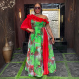Plus-size African print off-shoulder spring/summer chiffon dress
