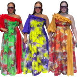 Plus-size African print off-shoulder spring/summer chiffon dress