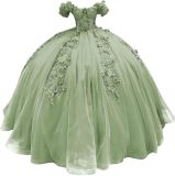 Women colorful off-the-shoulder appliqué formal party dress with tulle appliqués（Processing time need 3-6 days）