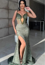 Women Sequined Sexy V-Neck Slit Ruffle Strappy Fishtail Evening Dress